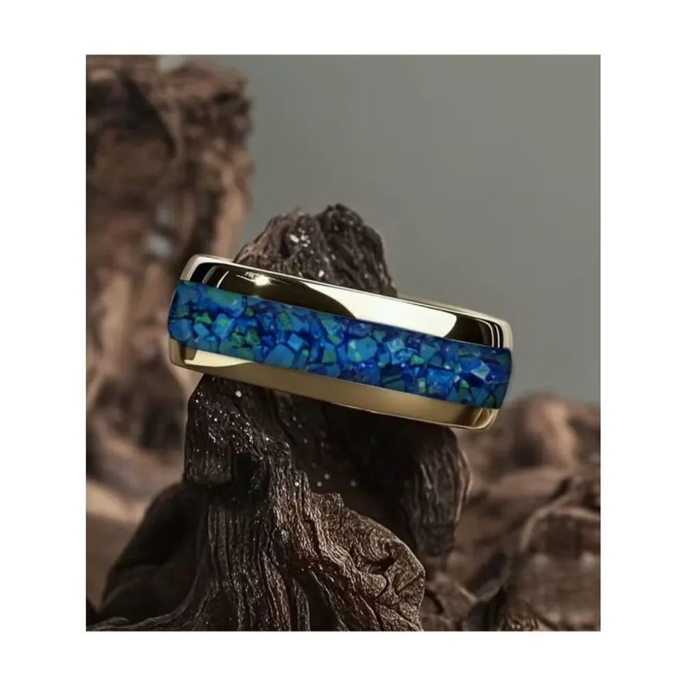 NWT Men's 304 Stainless Steel Gold Simulated Blue Opal Mosaic Inlay Band Ring 8